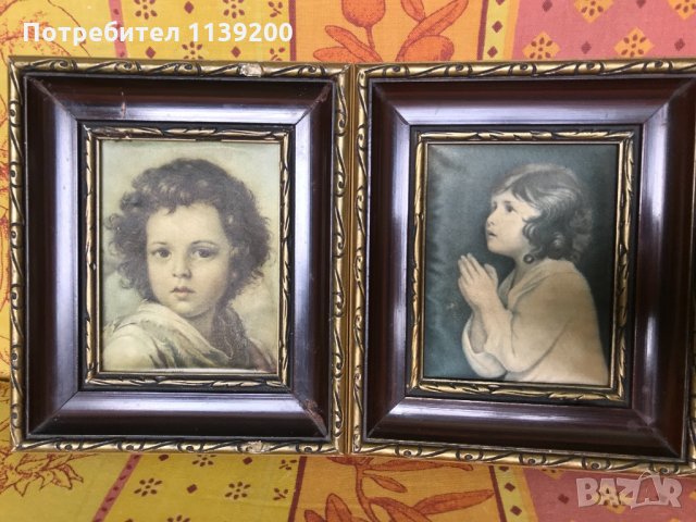 2бр френски винтидж картини молещо се момиче и момче щампа върху плат