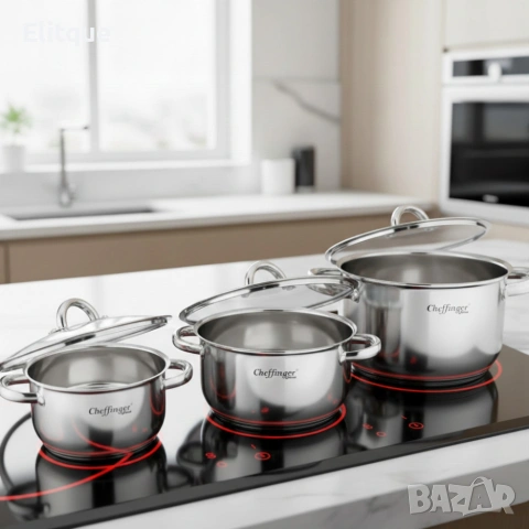 Тенджера от неръждаема стомана Cheffinger с индукционно дъно и стъклен капак