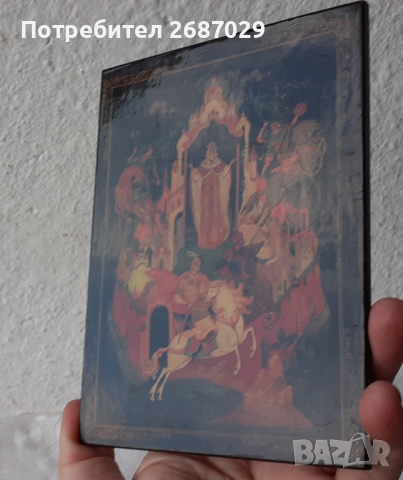 2 стари руски картини на дърво, картина лак, приказка, руснак офицер интарзия 1966, дървена картина , снимка 3 - Картини - 36327670