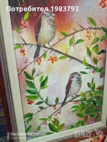 Маслена авторска картина с врабчета., снимка 2 - Картини - 53469901