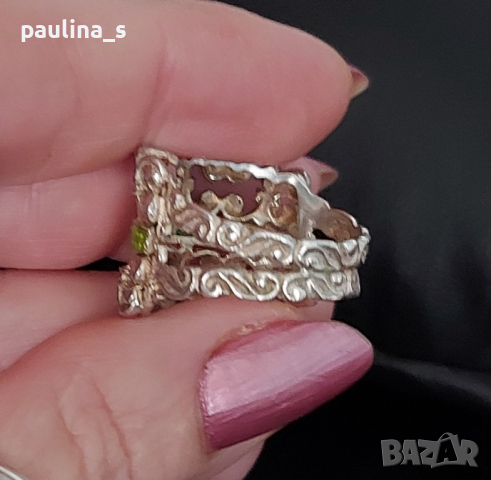 Винтидж / Стар семеен сребърен пръстен със зелен емайл / проба 925 , снимка 13 - Пръстени - 44581893