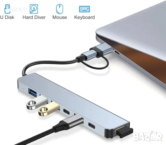USB C хъб 7 в 1 USB 3.0 5Gbps, USB hub с външно захранване, снимка 2 - Други - 53441878
