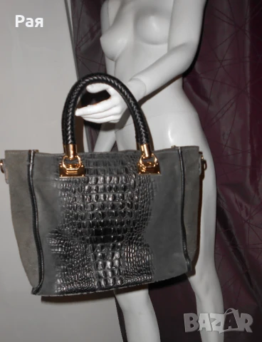 Черна кожена чанта genuine leather Made in Italy, снимка 4 - Чанти - 50687727