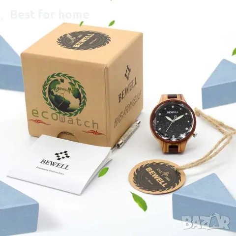 Дървен дамски часовник BEWELL Black Starry Sky, снимка 6 - Дамски - 49349128