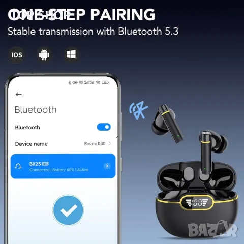 Безжични слушалки Bluetooth 5.3 Ipx7 водоустойчиви, управление с докосване, черни, снимка 2 - Bluetooth слушалки - 49731185