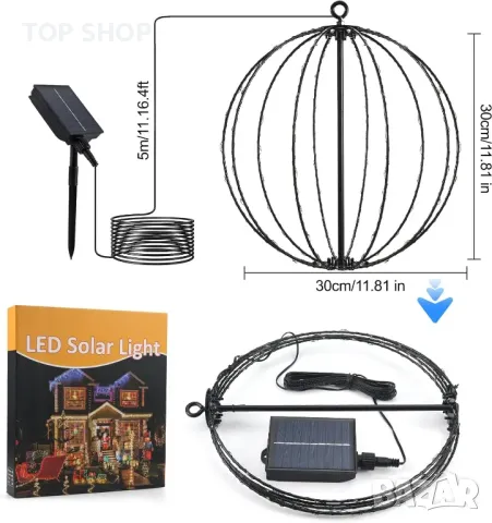 Acxilexy соларни 3D Сгъваеми сферични светлини 30 CM 120LED водоустойчиви, с 8 режима и дистанционно, снимка 7 - Лед осветление - 49515897