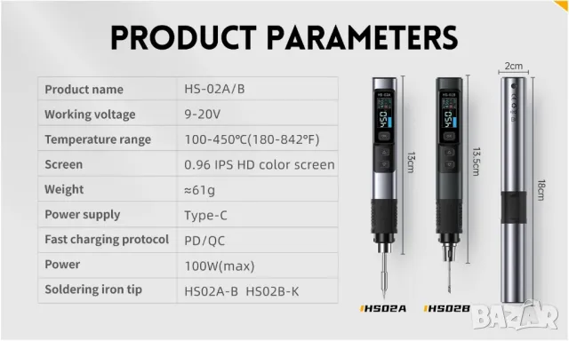Преносим интелигентен поялник FNIRSI HS-02B / черен, снимка 14 - Поялници и запояване - 49823302