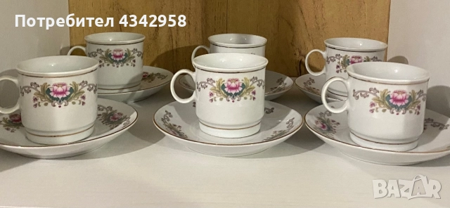 Vintage.Комплект от 6 порцеланови чаши и чинийки за еспресо Demitasse, «Розов лотос».