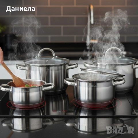 Комплект тенджери Cheffinger – 8 части инокс с капаци, за всички видове котлони, снимка 3 - Съдове за готвене - 53108622