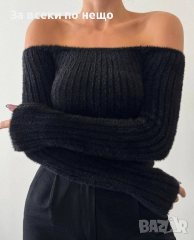 Black Weekend💯✅🖤Дамска Черна Къса Блуза С Паднали Ръкави Код A1187