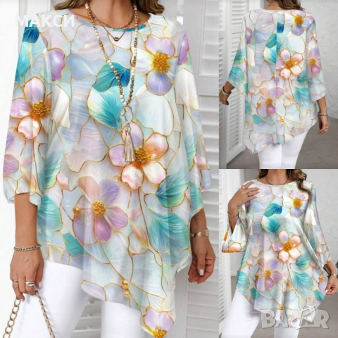 Макси елегантна А-симетрична дълга ефирна лека туника с клоширани ръкави в красив многоцветен флорал