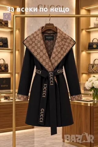 Gucci Луксозно Дамско Двулицево Палто С Качулка Колан С Надпис И Монограм В Черно И Кафяво Код E186, снимка 4 - Палта, манта - 55990173