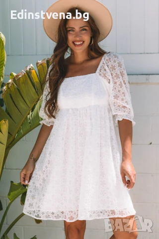Дамска дантелена бяла рокля с флорален десен и буфан ръкави, снимка 1
