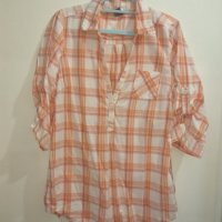 Риза, бяла/оранжево, каре, дълъг ръкав, снимка 1 - Ризи - 41024313