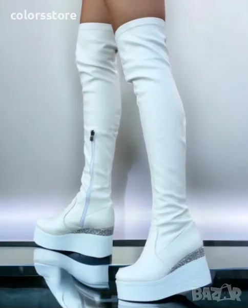 Ботуши на платформа - бяла кожа и брокат - 122K, снимка 1