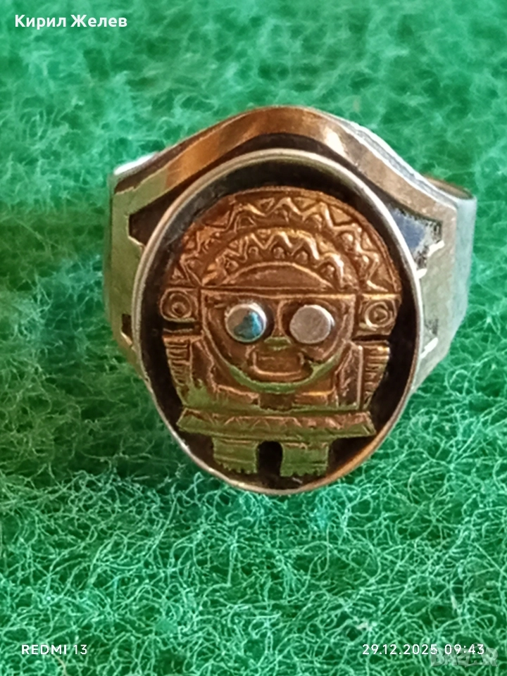 Пръстен печат в Мексикански стил изобразяващ божество с 18к златно покритие 35050, снимка 1