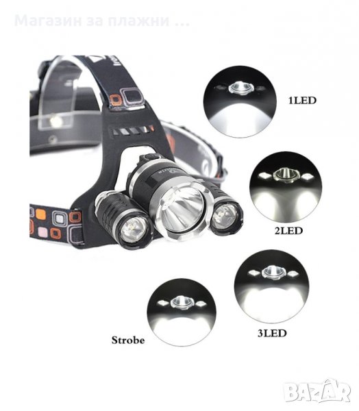 МОЩЕН ТРОЕН ЧЕЛНИК С 1 CREE LED+2 COB LED ДИОДА С МОЩНОСТ 3000LM 30W - код 1868, снимка 1