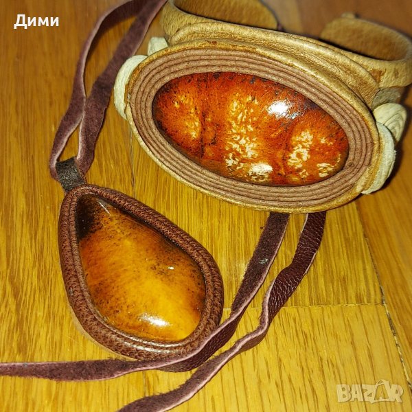 Гривна и колие от естествена кожа и естествен камък, снимка 1