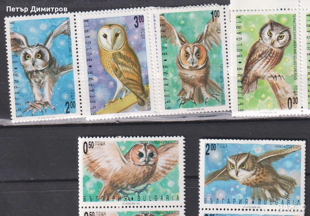 Чисти марки Фауна Нощни грабливи птици Сови 1992 от България, снимка 1