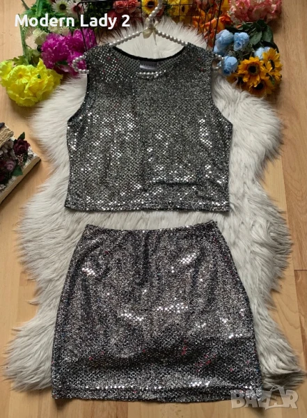 Нов пайетен сребрист топ, снимка 1