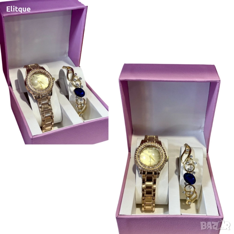Луксозен дамски комплект – елегантен часовник и изискана гривна със скъпоценни камъни, снимка 1