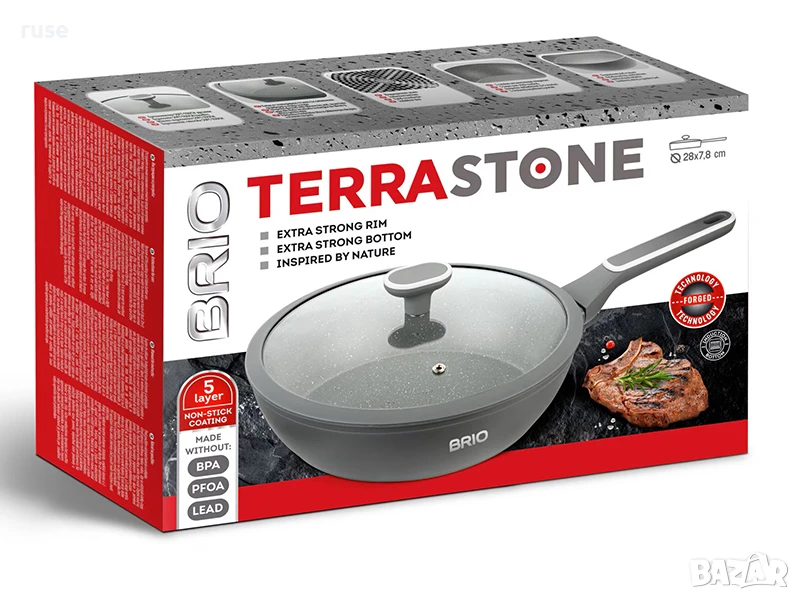 НОВИ! Дълбок уок тиган с капак индукция 28x7.5см Terra Stone Brio, снимка 1
