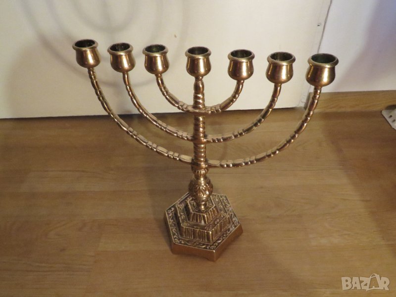 Голям бронзов свещник МЕНОРА  31 х 27см. - еврейски седемсвещник - внос от Израел, Йерусалим,, снимка 1