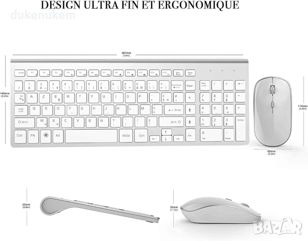 Безжичен комплект клавиатура и мишка, ултра тънък, AZERTY, бял/сребрист, снимка 4 - Клавиатури и мишки - 53382123