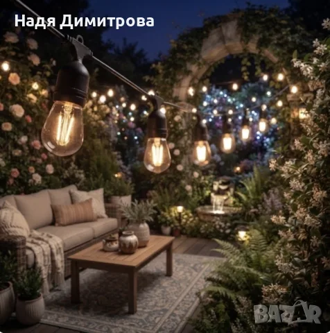 Градинска LED гирлянда 15 м с фасунги E27 – IP65, свързваща се, за външна употреба
