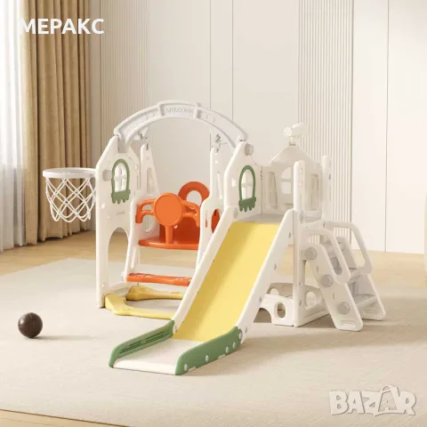Детска къща за игра Feelkids с пързалка, люлка и баскетболен кош – зелена