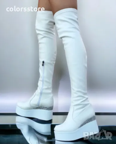 Ботуши на платформа - бяла кожа и брокат - 122K