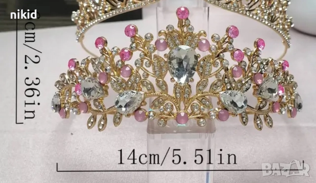 Златиста корона с розови камъни на листа дамска детска корона тиара диадема метална, снимка 2 - Аксесоари за коса - 52597617