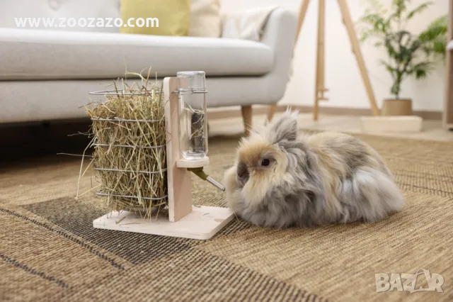 Дървена стойка с поилка и хранилка за сено за Гризачи, 22.5 х 15.5 х 27 см. - Модел: 81832, снимка 4 - За гризачи - 47438380