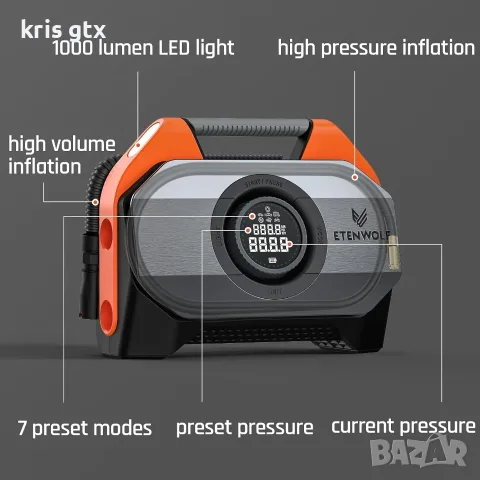 ETENWOLF Vortex S6 – Мощен акумулаторен компресор 160 PSI / 42 л/мин, снимка 11 - Аксесоари и консумативи - 55379818