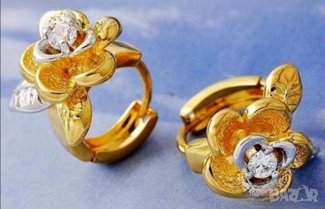 Разкошни обеци цвете с листенце от 14к попълнено злато и цирконии 20 лв., снимка 2 - Обеци - 51766937