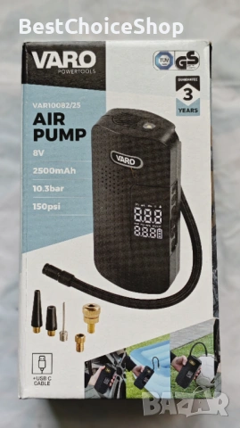 VARO – Безжична въздушна помпа 8V, 150 PSI, фенер, приставки