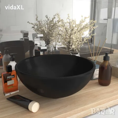 vidaXL Мивка за баня лукс кръгла матово черна 32,5x14 см керамика（SKU:146975）, снимка 2 - Мивки - 48087518