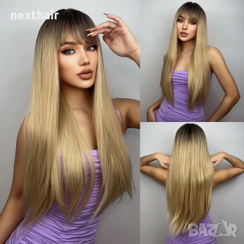 Стилна синтетична перука русо омбре с тъмни корени и бретон, 70 см, снимка 6 - Аксесоари за коса - 52567828