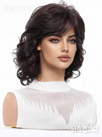 Чуплива перука, Къса перука,  Елегантна перука, Тъмно кафява перука, снимка 2 - Аксесоари за коса - 51944847