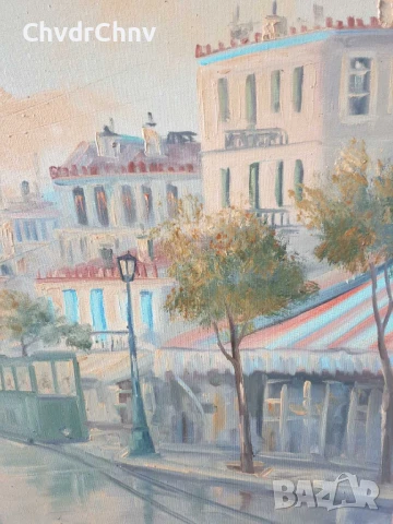 99х79см/голяма гръцка картина масло върху платно/градски пейзаж-трамвай-дъжд/дървена рамка, снимка 3 - Картини - 51177481