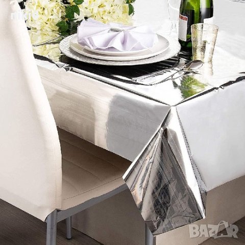 Сребриста металик огледална найлонова покривка за парти рожден ден