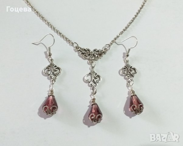 Прелестен комплект бижута с кристали в цвят бургунди и изящна орнаментирана основа в цвят Сребро , снимка 4 - Бижутерийни комплекти - 34466633