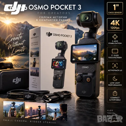 Компактна 4K vlog камера с 3-осен механичен гимбал DJI Osmo Pocket 3 – 1” CMOS, 4K/120fps