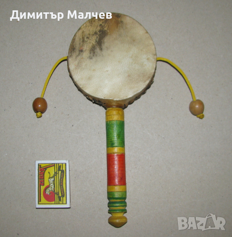 Китайско/тибетско ръчно барабанче с дръжка и 2 топчета, естествена кожа, отлично, снимка 1 - Ударни инструменти - 44702385