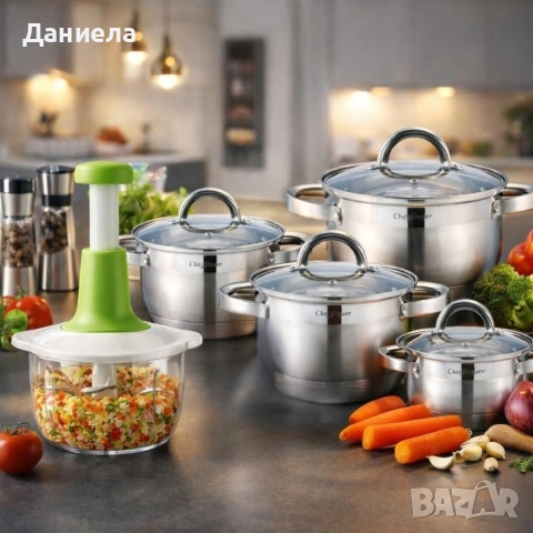 Комплект 4 тенджери от неръждаема стомана с индукционно дъно Cheffinger +ПОДАРЪК Ръчен чопър , снимка 3 - Съдове за готвене - 53163870