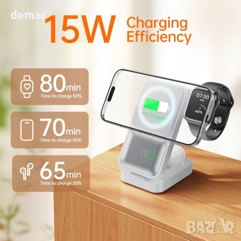 Зарядна станция GUSGU MagTime 4-в-1, сгъваема за Apple (бяла), снимка 3 - Безжични зарядни - 51156751