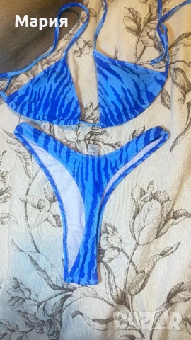 Чисто нов син бански от две части – тигров/зебра принт Размер S, снимка 5 - Бански костюми - 53729931