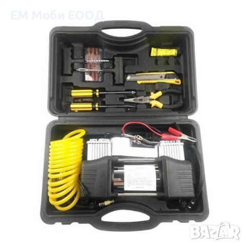 ДВУБУТАЛЕН КОМПРЕСОР ЗА ГУМИ С РЕМОНТЕН КОМПЛЕКТ, снимка 2 - Аксесоари и консумативи - 38803989