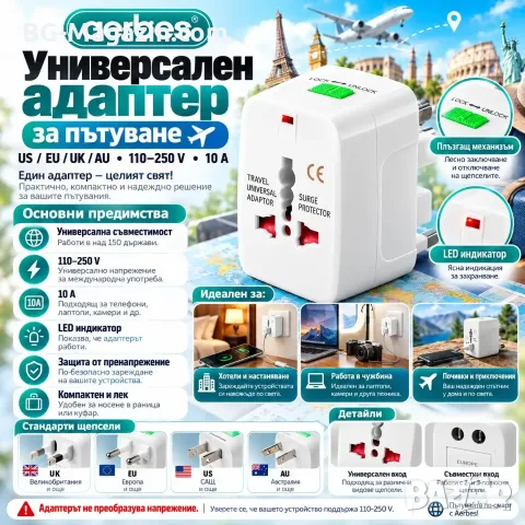 Адаптер за контакти US EU UK AU – Aerbes, снимка 8 - Мрежови адаптери - 56326023