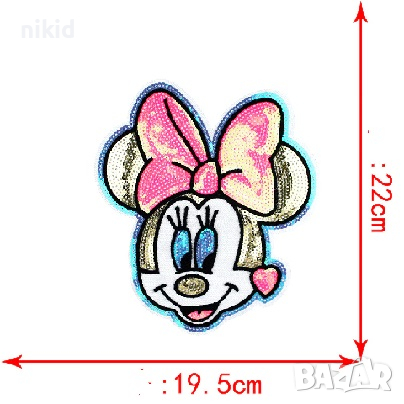 Голяма глава Мини Маус с очила с пайети апликация за дрехи и други, снимка 2 - Други - 28897116